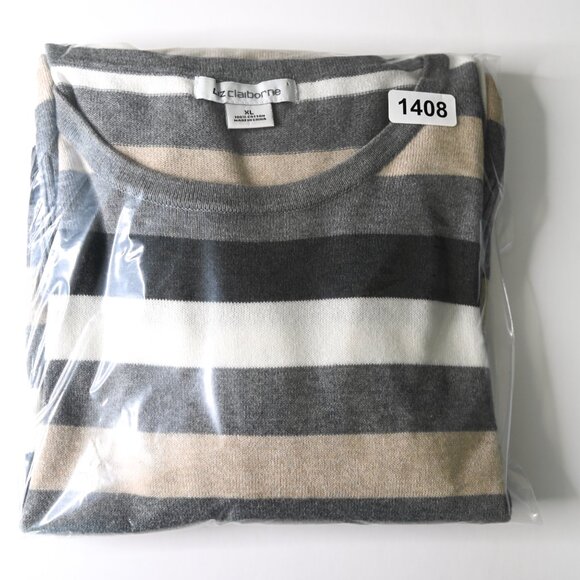 LIZ CLAIBORNE Gray Cream Tan Striped Long Sleeve Classic Soft Sweater - Size XL - Picture 8 of 8